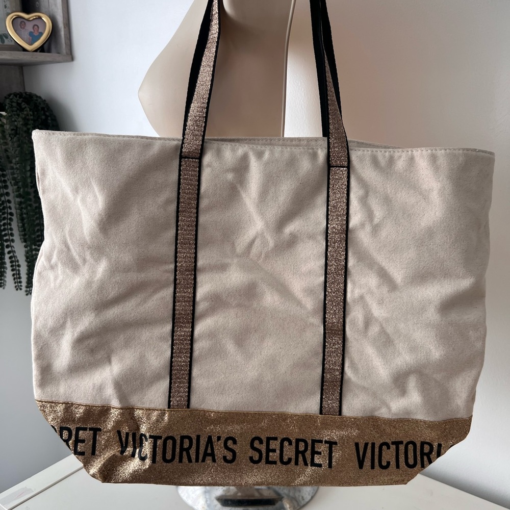 Victoria's Secret Beige and Glittery Gold Tote NWOT - Picture 2 of 6